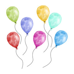 Artistic celebration balloons in rainbow colors. Watercolor illustration of colorful balloons with strings in red, blue, yellow, green, pink, and turquoise tones on white background