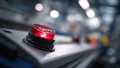 Close up of red stop button on industrial equipment, illuminated in factory setting