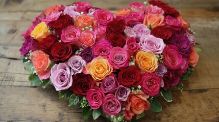 Vibrant roses in various shades form a heart shape on a wooden surface expressing affection and joy.