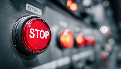 Close up of red stop button on industrial machine, surrounded by other control buttons