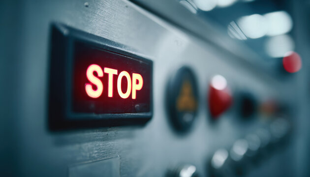 Close up of stop button on industrial machine, glowing red, with other controls blurred in background