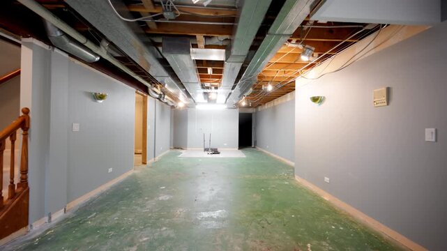 Empty basement room under renovation with unfinished flooring, fresh painted gray walls and hvac system under the ceiling