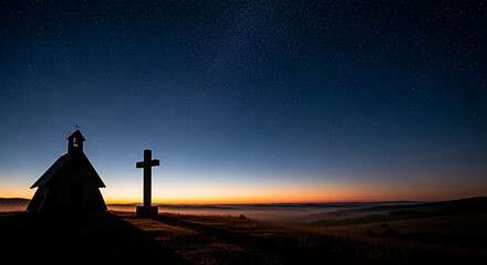 Silhouette of a Chapel and Cross at Dusk for the concept of faith and serenity.