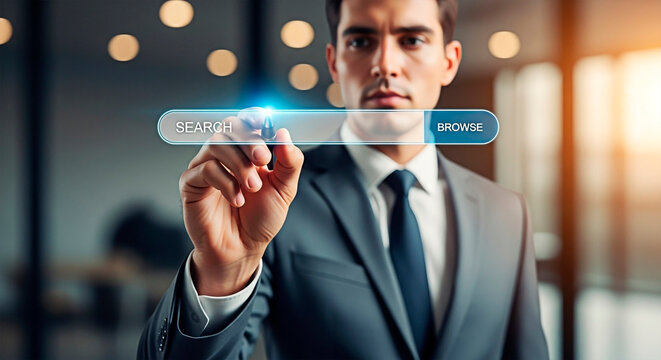 A businessman in a suit touching a virtual search bar, for the concept of browsing.