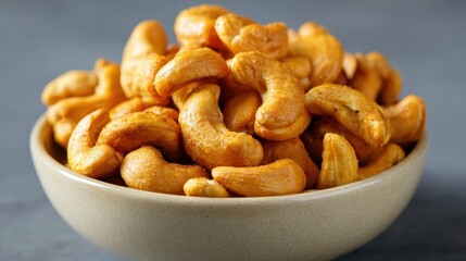 Fototapeta premium A bowl filled with golden roasted cashews sits on a table perfect for sharing and snacking.
