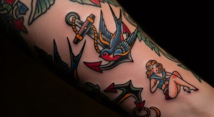 Close up of a woman's arm with colorful traditional tattoo art. Nautical anchor, swallows, and pin up girl designs. Body modification concept.