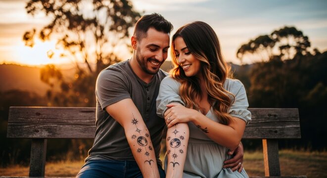 Man and woman with matching celestial arm tattoos on a bench at sunset. Couple showing body art and unique permanent ink concept. - Powered by Adobe