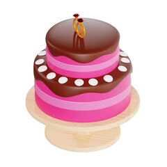 Two Tier Pink Wedding Cake With Chocolate Ganache Frosting And White Candy Decorations Topped With Rings And Gems