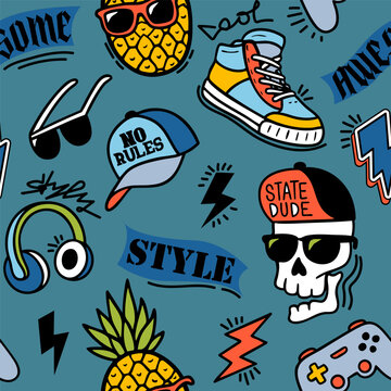 Seamless pattern with varsity-style patches on dark blue background.