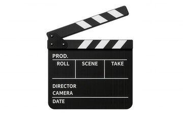 Black film clapperboard cueing movie scene production, providing essential information for video editing and filmmaking process
