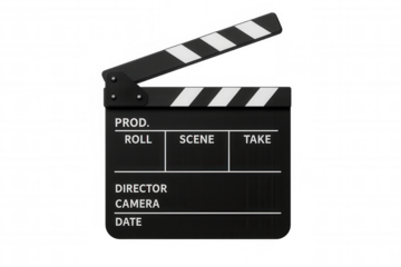 Black film clapperboard cueing movie scene production, providing essential information for video editing and filmmaking process