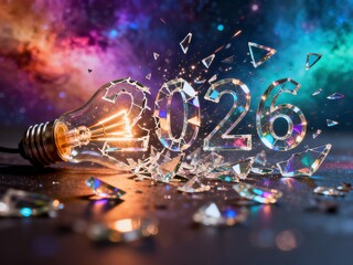 Shattered glowing light bulb exploding into prismatic '2026' numbers with flying glass shards on a dark reflective surface against a vibrant cosmic nebula background, symbolizing innovation.
