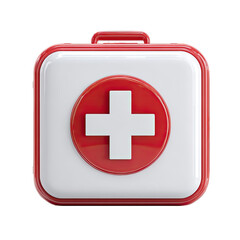 Obraz premium Red and white square first-aid kit icon with a prominent red cross on its lid, glossy finish