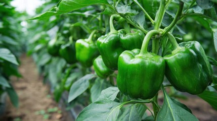 Vibrant green bell peppers hang from lush plants in a sunny field showcasing healthy agriculture.