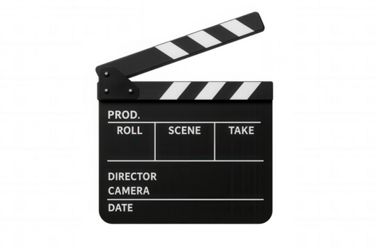 Black film clapperboard cueing movie scene production, providing essential information for video editing and filmmaking process