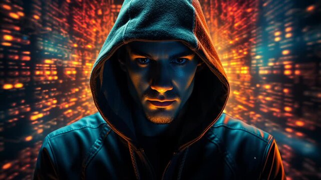 Hacker in a hoodie, data breach concept video.