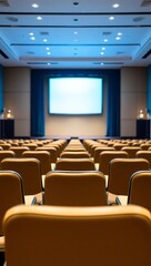 Fototapeta premium Generative AI conference room with projector screen and empty seats.