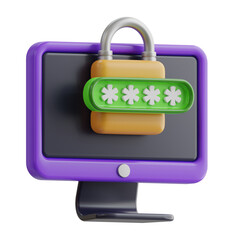 Computer Monitor Displaying a Locked Screen With Padlock Symbol and Asterisks Representing a Password On A Transparent Background