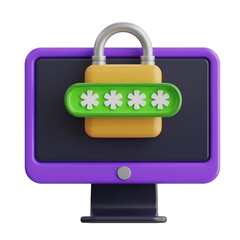Computer screen displaying a locked digital interface with a padlock symbol and asterisks indicating a secure password entry field for data protection and online security concepts in a 3D render