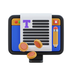 3D illustration of a computer screen displaying a document with text and a pencil beside it symbolizing writing and content creation with coins representing payment or earnings