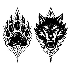 Fototapeta premium Black and white vector illustration of wolf head and paw print in geometric style, tattoo clipart for cutting and design.