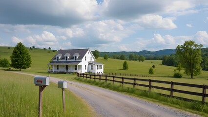 Traditional white farmhouse in a picturesque rural landscape with mailboxes.