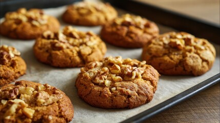 Warm cookies topped with crunchy nuts sit on a tray in a inviting kitchen perfect for sharing.