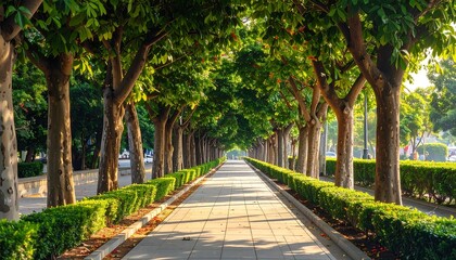 Obraz premium Sunlit Path Through Verdant Trees in a Serene Park.