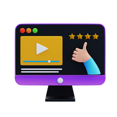 Computer screen displaying video player with five star rating and thumbs up hand symbol against a dark background