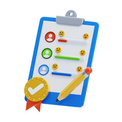 Survey results clipboard with pencil and medal showing progress bars and feedback icons in a 3D render with a transparent background