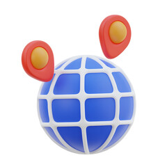 3D Rendering of a Blue Globe with White Grid Lines and Two Red Location Pins Floating Around it on a Transparent Background Indicating Navigation and Travel