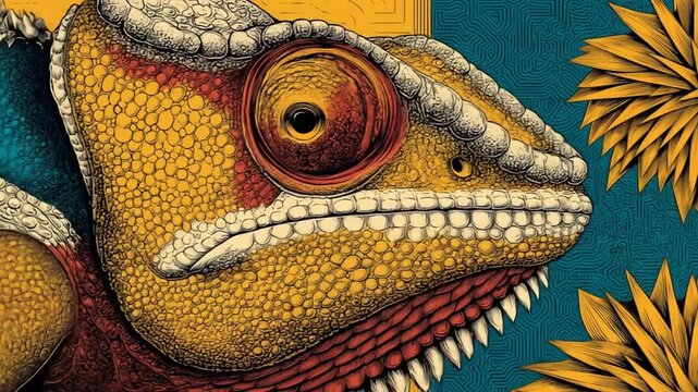 Intricate vintage illustration of a chameleon's head. Detailed textured scales, large eye, and vibrant exotic reptile artwork in retro style.