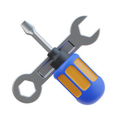 Crossed Metal Wrench And Screwdriver With Blue And Orange Handle Isolated On Transparent Background