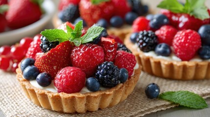 Delicious fruit tarts filled with creamy topping and topped with fresh berries perfect for dessert.