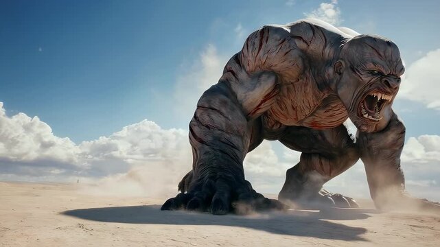 Young Man Faces Colossal Pixelated Monster Amidst Desert Landscape Under Blue Sky