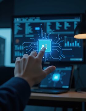 Male hand pointing at abstract blue AI chip on blurry background Artificial intelligence hardware hud and innovation concept computer technology cpu microchip digital processor