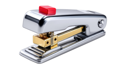 Shining Stapler: An elegant, modern stapler, meticulously crafted from gleaming silver and accented with vibrant red and gold details, a symbol of office functionality and design.