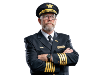 Captain's Authority: A seasoned pilot stands tall and proud, exuding confidence and expertise in his distinguished uniform, ready for the sky.