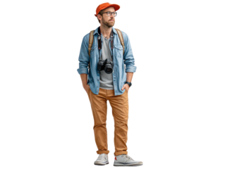 Curious Traveler: An adventurous individual, equipped with a camera and backpack, stands poised in anticipation of his next journey, dressed in stylish attire.