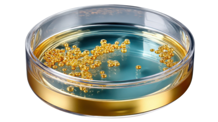 Golden Beads in a Petri Dish: A scientific image showing golden beads delicately suspended in a liquid within a glass petri dish, symbolizing the essence of life.