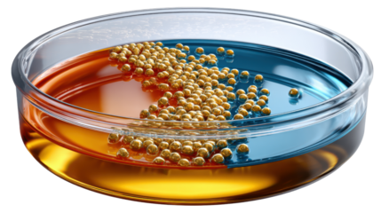 Dual-Colored Solution in Petri Dish: A close-up captures a petri dish, bisected by two vibrant hues of liquid, within it lie numerous small beads.