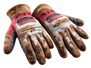 Gloves: A close-up shot of worn working gloves covered in mud, conveying a sense of labor, resilience, and hands-on effort.