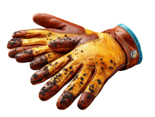Work-worn Gloves: A close-up shot of worn gloves, showing the marks of toil and craftsmanship. The gloves are stained, offering a visual testament to a job well done.