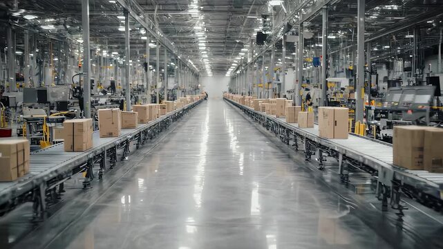 Conveyor Belt in Grey Warehose with Brown Boxes and Industrial Lighting, Worker in High Visibility Vest Presenting