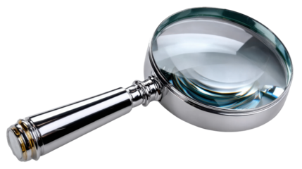 Magnifying Glass Close-Up: A detailed shot of a magnifying glass, with its polished handle and clear lens. Emphasizing the clarity, precision, and tool for exploration and analysis.
