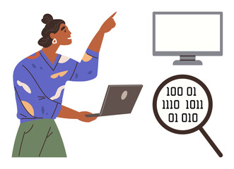 Woman holding laptop, pointing at monitor, binary code under magnifying glass. Ideal for technology, coding, data analysis, innovation, research, education problem-solving simple flat metaphor