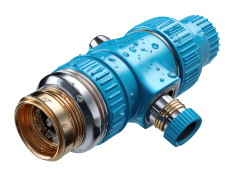 Precision Engineered Irrigation System: A close-up view of a cutting-edge irrigation system, its intricate metallic and azure components gleaming.