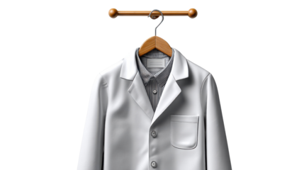 Medical attire on wooden hanger: A simple yet elegant image of a pristine doctor's coat suspended from a wooden hanger. showcasing the essence of professionalism. 