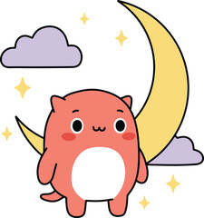 Cute Creature Resting on a Crescent Moon

