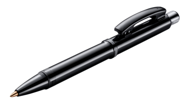 Sleek Ballpoint Pen: a close-up shot of a modern, shiny black ballpoint pen, elegantly displayed, a symbol of communication, ideas, and design.